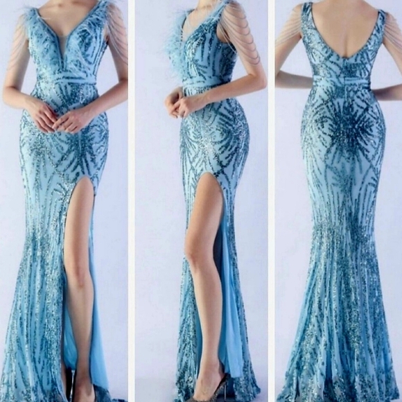 Blue, Geo Print, Ostrich Feather V Neck, Sequined, Beaded Sleeves,  Mermaid Gown - Picture 1 of 14